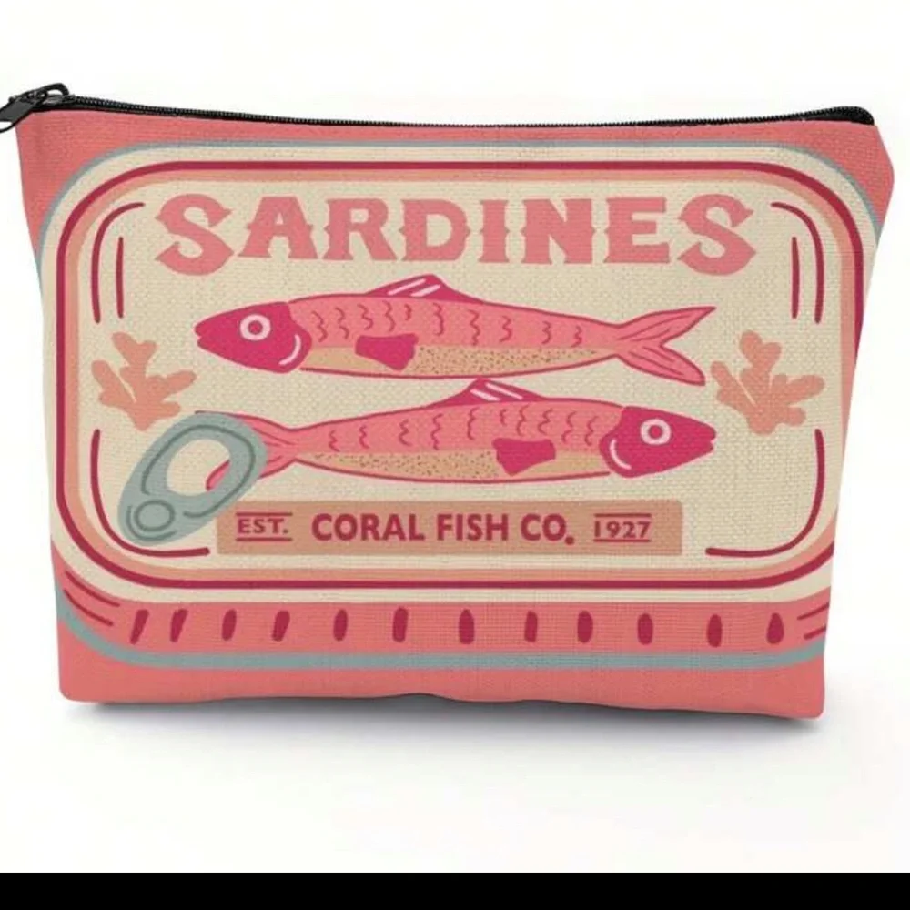 New Pink and Cream Sardines Make Up Carryall Canvas Zip Top Pouch OS - Picture 8 of 15